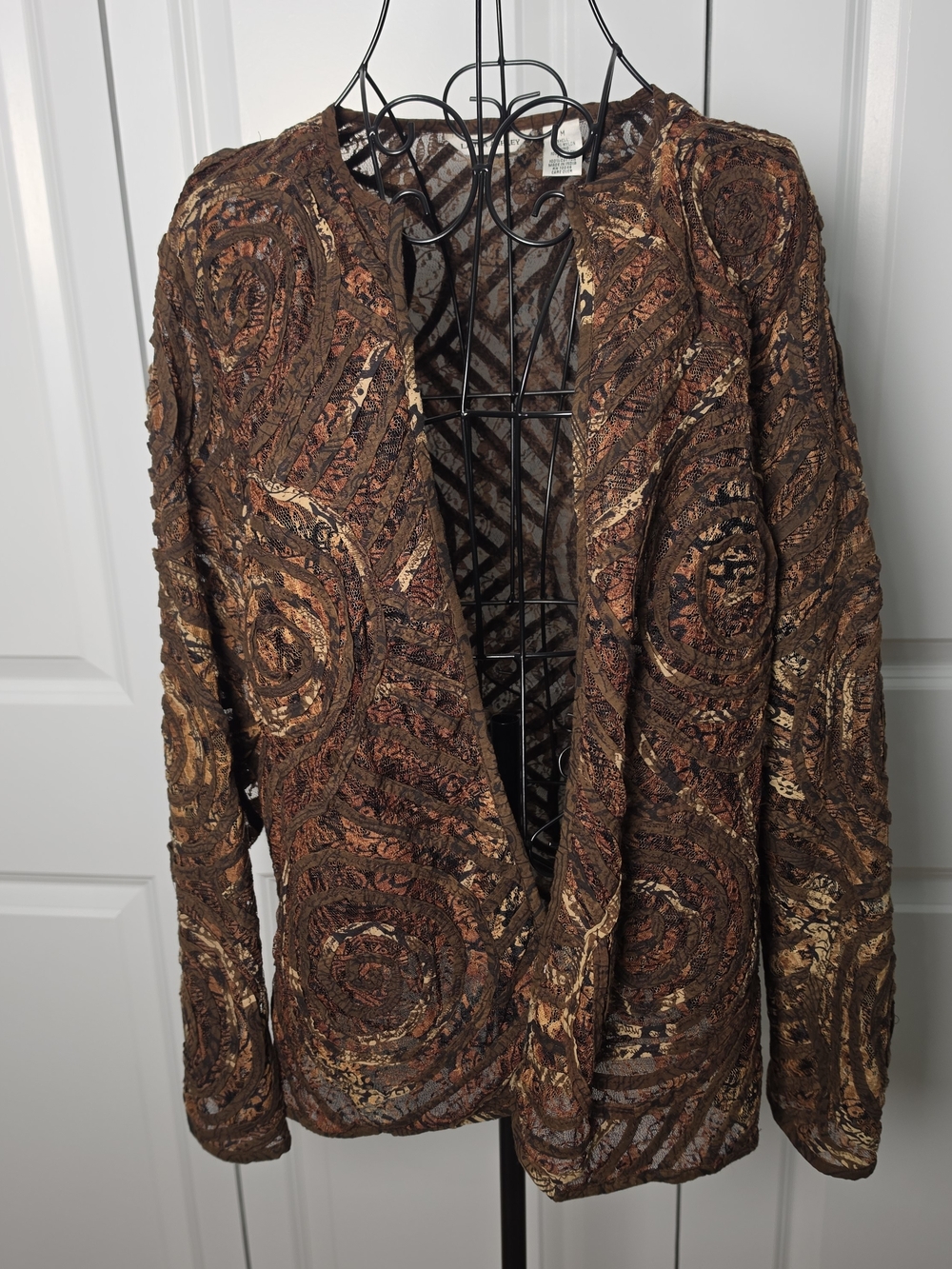 Laura Ashley Lace Mesh Cardigan M | Vintage Boho Brown Swirl
